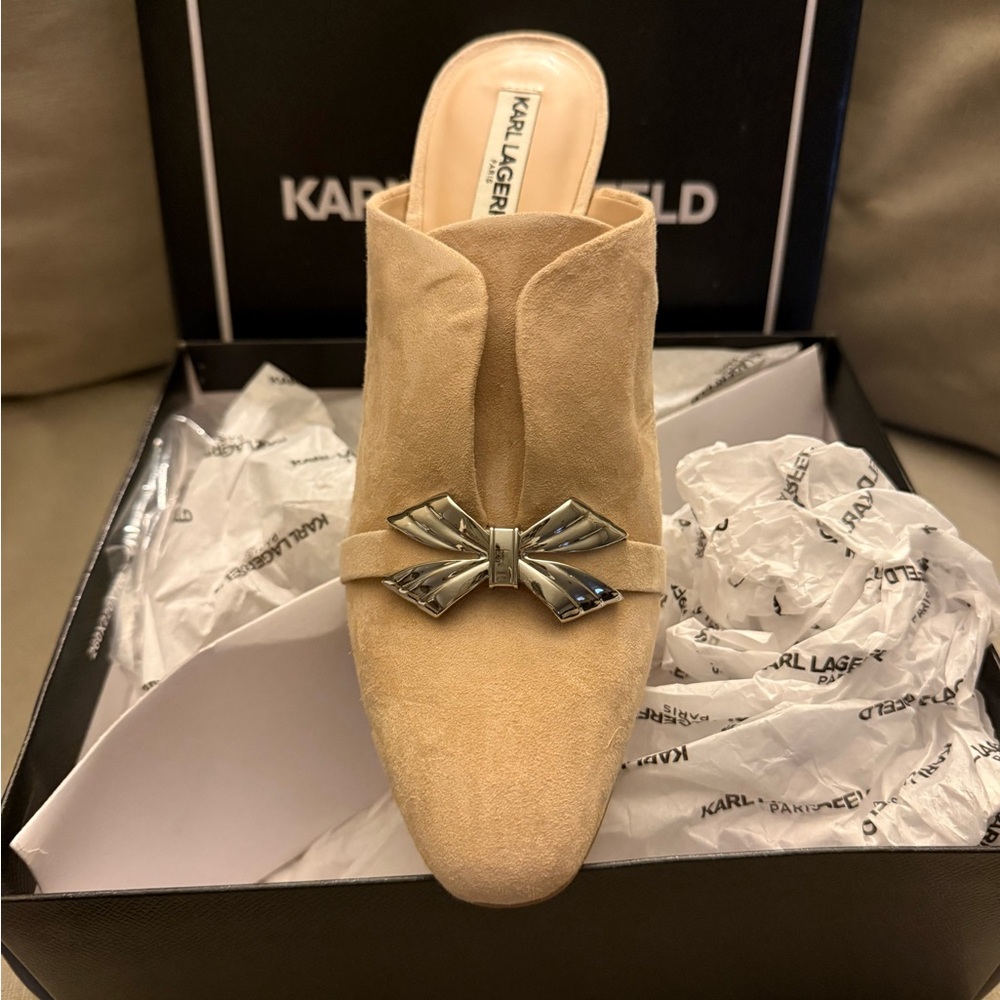 Karl Lagerfeld Tan Suede Mules with Metallic Bow